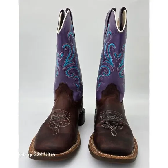 Old West Western Boots Purple Brown Leather Square Toe Cowboy Cowgirl Girls 3.5D - Picture 5 of 9